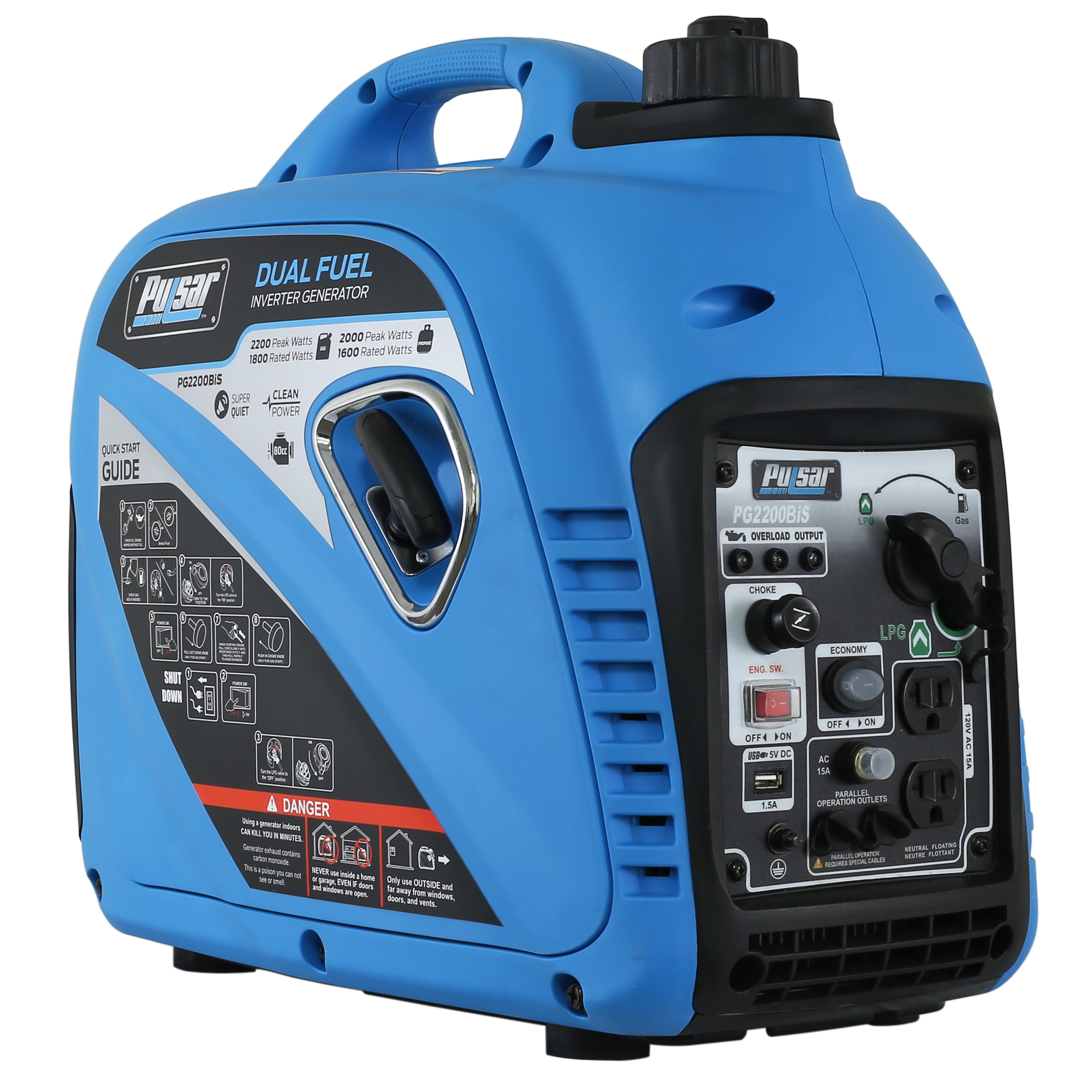 Pulsar Dual Fuel Portable Inverter Generator — 2,200 Watts, USB Outlet, CARB Compliant, Model# PG2200BIS
